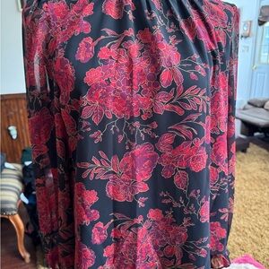 Anne Klein Floral Black and Red Blouse lined size L NWT
